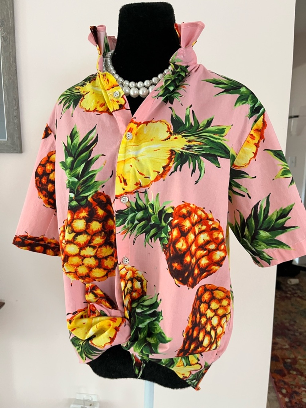 Upcycled Tropical Pineapple Print Button-Up Shirt - Pink with Ruffle Collar